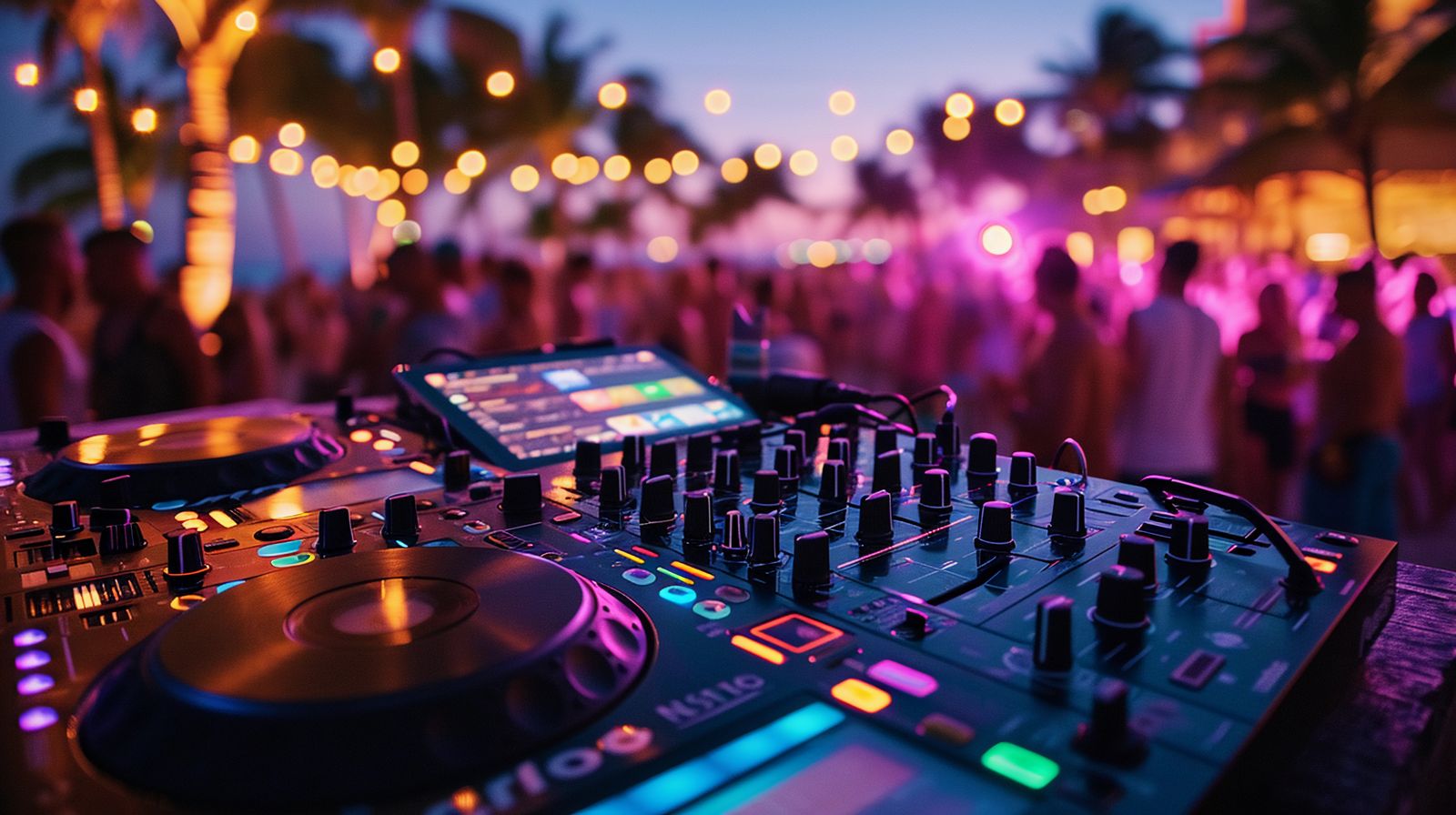 KustomSounds LLC — DJ booth at a Florida sunset event with palm trees and string lights